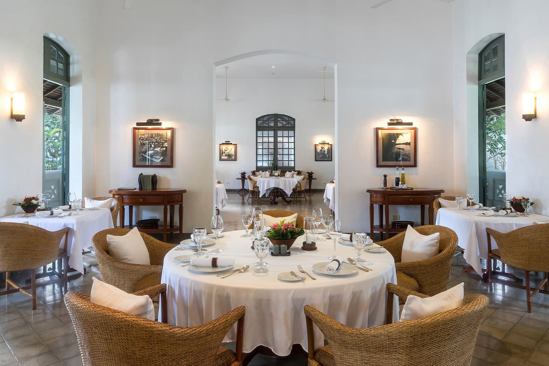 Hotel restaurant dining room set for service